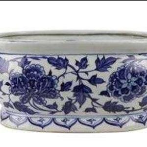 Aged Ceramic Blue & White Planter. Handpainted and Glazed with Tradtional Chinese artwork.