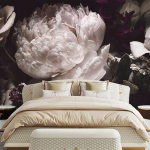 Flowers Dark Wallpaper. Floral Wallpaper Removable. Peonies Wallpaper Peel and Stick. Bedroom Girl Decor. Modern Floral Wallpaper. KM732
