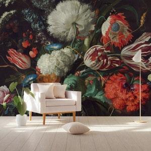 Dutch Bouquet | Dark Floral Wallpaper | Peel and Stick | Art Deco Wallpaper | Wall Decore | Floral Wall Mural | Vintage Wallpaper