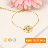 Combined Birth Month Flower Bouquet Disc Bracelet, Bridesmaid Gift, Personalized Flower Charm Bracelet, Gift for Mom, Kids Name Bracelet