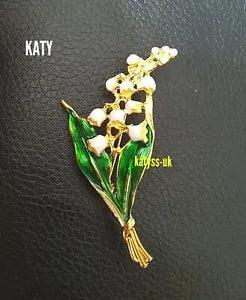 Vintage Look White Flower Brooch Lily of the Valley Green Leaves Gold Enamel Pin