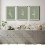 Botanical Serenity: Sage Green Line Art Trio with Orchid Floral Prints - Modern Gallery Set #LA_S1V1_05