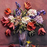 Bouquet of roses and tulips in a vase 3d picture in frame Wedding and anniversary hand-embroidered luxury gift