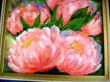 NEW PEONY PAINTING.ARTIST SIGNED.ACRYLIC Cardboard WOODEN  FRAME 23"x18"