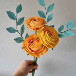 Paper ranunculus gift, Orange/yellow flowers with greenery for vase, Set of artificial flowers, Housewarming gift, Valentine's day gift