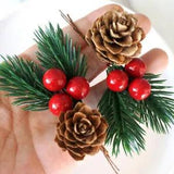10pcs Red Christmas Berry Artificial Flower Pine Cone Branch Party Xmas Supplies
