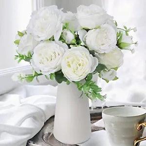 2PCS Artificial Flowers with Vase, Faux Peony Silk Fake Flowers in Ceramics