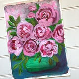 Original Acrylic Painting of Pink Roses in a Blue Vase, Romantic Floral Wall Art