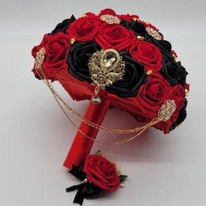 Cascading Skull Red,Black And Gold Brooch bouquet. Available in 27 colors,Gothic Bouquet,Brooch bouquet, Boutonnieres and Corsages Available