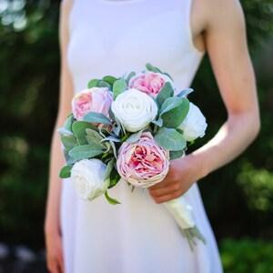 Blush and White Peony With Lamb's Ear Silk Flower Wedding Bouquet, Bridal Bouquet, Bridesmaid Bouquet, Boutonniere, and Corsage