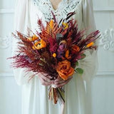 Burgundy Red& Burnt Orange Silk flowers,Bohemian Beige Pampas grass,Wedding/ Bridal flower bouquet,Dried Flowers/Preserved Roses Bouquets