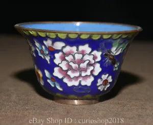 3.6 " China Blue Cloisonne enamel Bronze Dynasty Peony Flower Pattern Bowl Bowls