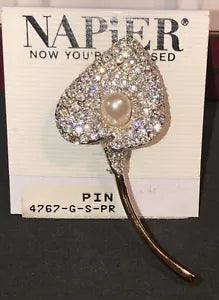 Vintage Signed NAPiER Calla Lily Brooch Pin Gold Tone Clear Rhinestones Orig Box