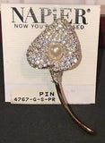 Vintage Signed NAPiER Calla Lily Brooch Pin Gold Tone Clear Rhinestones Orig Box