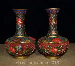 9 " Antique Old China Red Lacquerware Painting Dynasty Peony Flower Vase Pair
