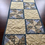 Quilted floral table runner in yellow and blue, pinwheel block design, coffee table mat, bed runner, sunflower table decor, placemat