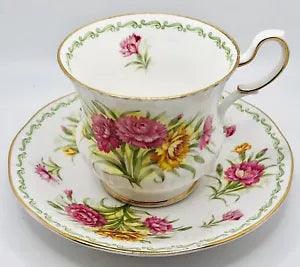 Vintage QUEENS TEA CUP SAUCER JANUARY CARNATIONS Special Flowers Series England