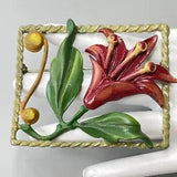 Large Pot Metal Lily Flower Floral Leaves Rectangle Frame Pin Brooch Vintage