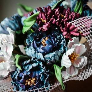 Leather bouquet, magnolias and peons in marine blue white and purple, customizable, made by oksana)