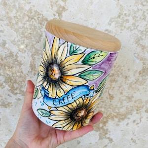 Coffee canister, Sunflower jar, italian pottery, coffee storage, coffee holder, ceramic jar, coffee container, storage pot, mom gift