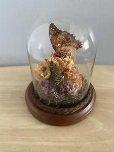 Vintage Red Lace Wing Butterfly Terrarium Floral Cloche Dome 5" Freeze Dried