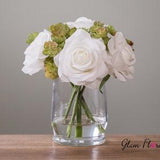 Succulent and Rose Flower Arrangement. Cream White Real Touch Roses in Faux Water Clear Glass Vase Rose Bouquet Wedding Centerpiece