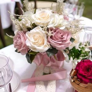 Dusty Pink White Wedding Bouquet, Rose Pink Peony Bouquet, Artificial Roses With Vintage Lace Handle and Green Leaves, Boho Flower Bouquet