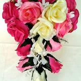 Fuchsia Wedding Bouquet, Hot Pink Wedding Bouquet, Pink, Ivory Roses, Stephanotis, Crystals, Silk Wedding Bridal Cascade Bouquet