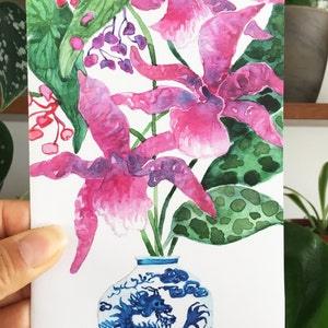 Hand Painted Floral Watercolour Greeting Card | Orchid Flowers in a Dragon Vase | Single A6  Blank card from Original Artwork.