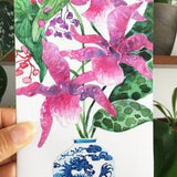 Hand Painted Floral Watercolour Greeting Card | Orchid Flowers in a Dragon Vase | Single A6  Blank card from Original Artwork.