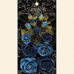 Graphic 45 Rose Bouquet Collection - Bon Voyage & French Blue - Blue Scrapbook Roses - Scrapbook Flowers - LAST CHANCE - 8-101
