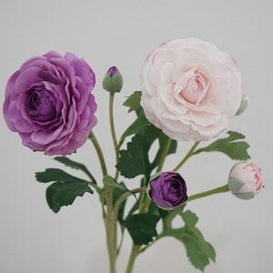 Real Touch Ranunculus Stem with Bud and Leaves, Artificial Flower Craft, Bridal Bouquet Filler, Home Floral Decor, Wedding Party Arrangement