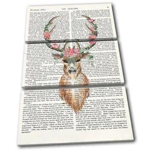 Stag Deer Flower Peony Book Animals TREBLE CANVAS WALL ART Picture Print