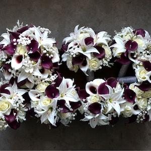 Wine Bridal Bouquets, Rustic Ivory Burgundy Silk Bouquet, Purple Wine Wedding Bouquet, White Tiger Lily, Real Touch Flowers