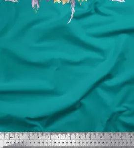 Soimoi Blue Velvet Fabric Leaves & Peony Floral Printed Craft Fabric-BrT