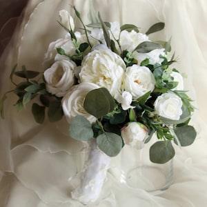 Boho wedding bouquet. Eucalyptus, peony, garden rose and lissianthus bouquet. Silk bouquet, bridal bouquet, wedding flowers, rustic bouquet.