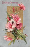 Pretty Pink Carnations on Gold & Silver Backgrounds - Old Birthday Postcard