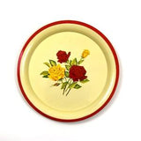 50s Round Metal Rose Tray | Bouquet of Red & Yellow with Red Rim | Mid Century Kitchen | G. S. W. Canada