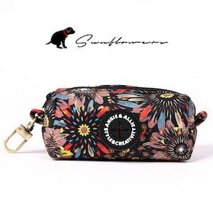 Dog Poop Bag Holder 100% Cotton Handsewn Poop Bag Dispenser Carrier Brass Metal Puppy Dog gifts Sunflowers 514