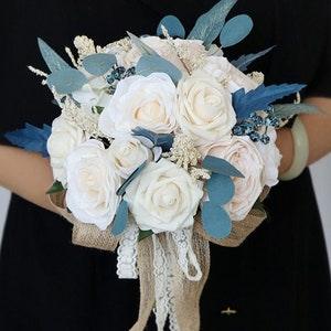 Blue  White Artificial Faux Roses Bridal Wedding Bouquet, Bridesmaid Corsage ,Groom Bestman Boutonniere