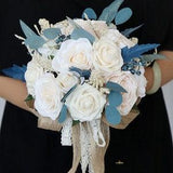 Blue  White Artificial Faux Roses Bridal Wedding Bouquet, Bridesmaid Corsage ,Groom Bestman Boutonniere
