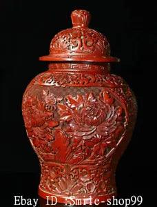12.9" Old Qing Dynasty Red lacquerware Peony Flower General Crock Pot Jar