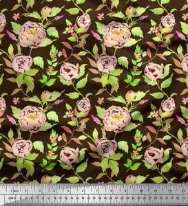 Soimoi Brown Velvet Fabric Leaves & Peony Floral Print Fabric by-eIc