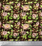 Soimoi Brown Velvet Fabric Leaves & Peony Floral Print Fabric by-eIc