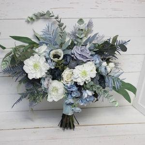 Dusty blue bridal bouquet Peonies blue thistle bouquet Bridesmaid flowers Pale blue white  wedding flowers Boho wedding