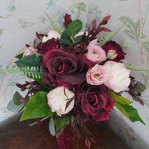 Burgundy and Pink Silk Wedding Bouquet. Rose, Peony and Ranunculus Artificial Wedding Flowers with Foliage