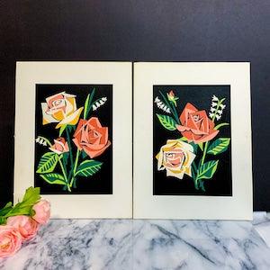 Pair of Vintage Paint by Numbers Florals, Black Magic Series, Rose Bouquet Unframed
