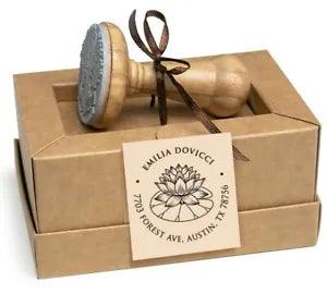 Address Rubber Stamp Lotus Flower Water Lily Plant Personalized, Kraft Gift Box