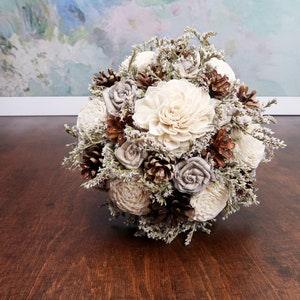 Winter wedding rustic wonderland small bridal bridesmaid BOUQUET Ivory Flowers, pine cones,  sola roses,  lace pearl pins dried flowers