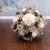 Winter wedding rustic wonderland small bridal bridesmaid BOUQUET Ivory Flowers, pine cones,  sola roses,  lace pearl pins dried flowers